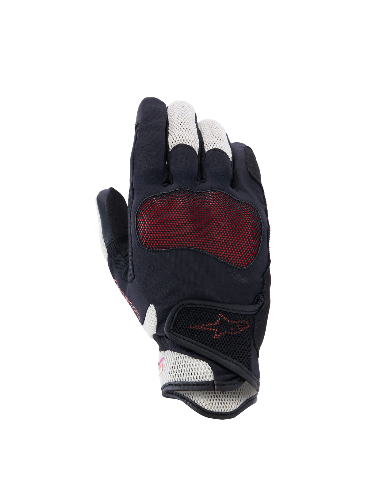Alpinestars Stella Mogress Airflow-handskar, motorcykelhandskar för dam, svart, ecru och tonad korall, vy av handryggen med 3D-meshinsatser, Nucleon Plasma-knogskydd och kardborrestängning vid handleden.