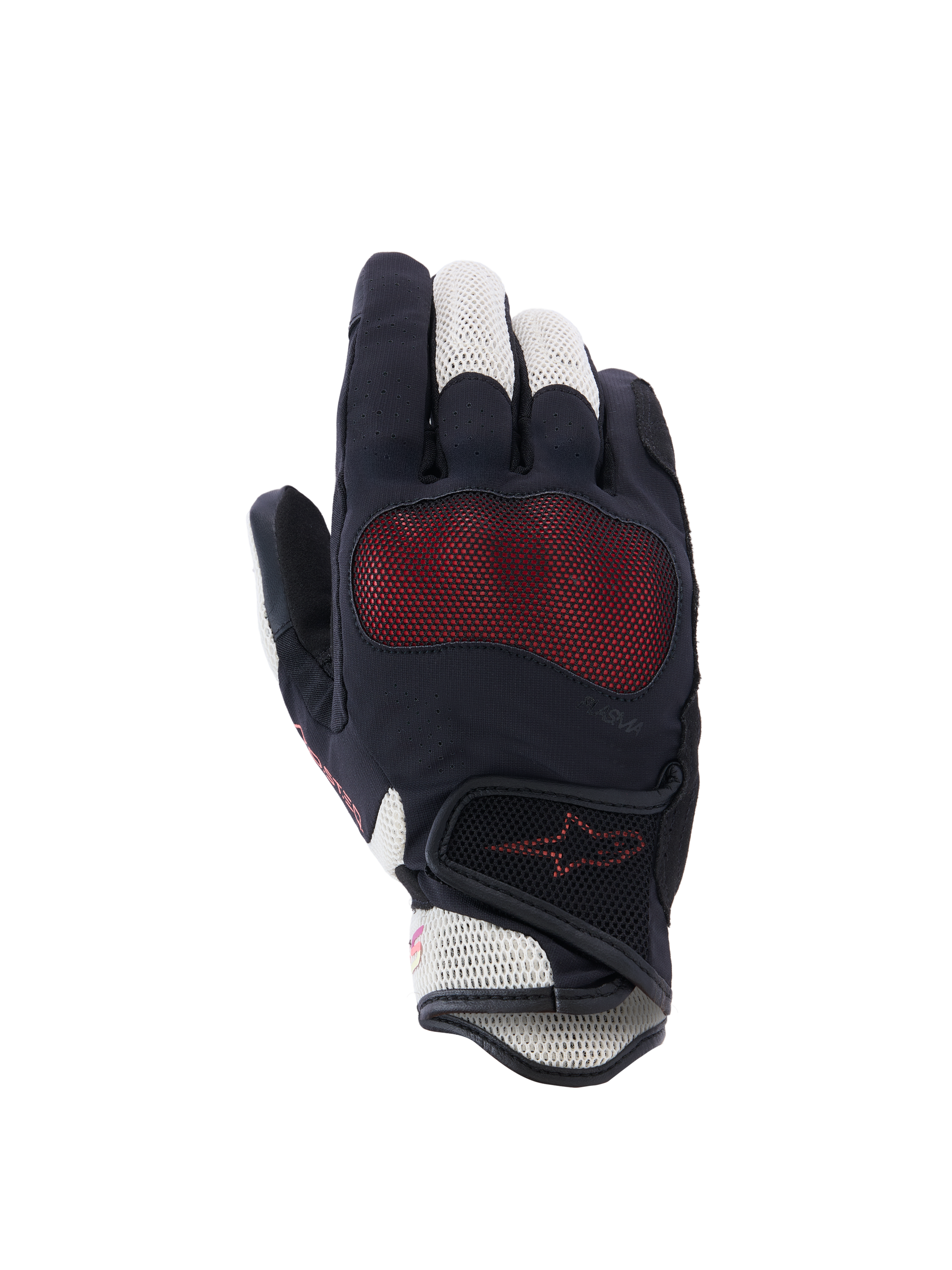 Alpinestars Stella Mogress Airflow Gloves, Women's Motorcycle Gloves, Black Ecru Fading Coral, backhand view featuring 3D mesh inserts, Nucleon Plasma knuckle protection, and a hook-and-loop wrist closure.
