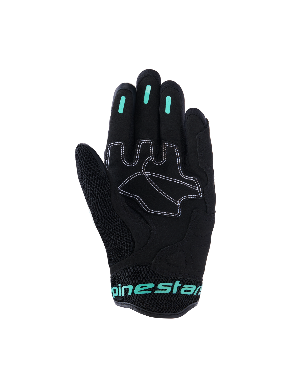 Alpinestars Stella Mogress Airflow-handskar, urbana motorcykelhandskar för dam, svarta med Tropical Teal-detaljer, vy av handflatan som visar syntetiska förstärkningar med vita sömmar, tumparti i mesh och silikongreppinsatser på fingrarna.