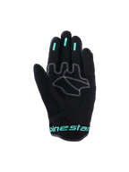 Alpinestars Stella Mogress Airflow Gloves, Women's Urban Motorcycle Gloves, Black with Tropical Teal accents, palm view showing synthetic palm reinforcements with white stitching, mesh thumb area, and silicone grip inserts on fingers.