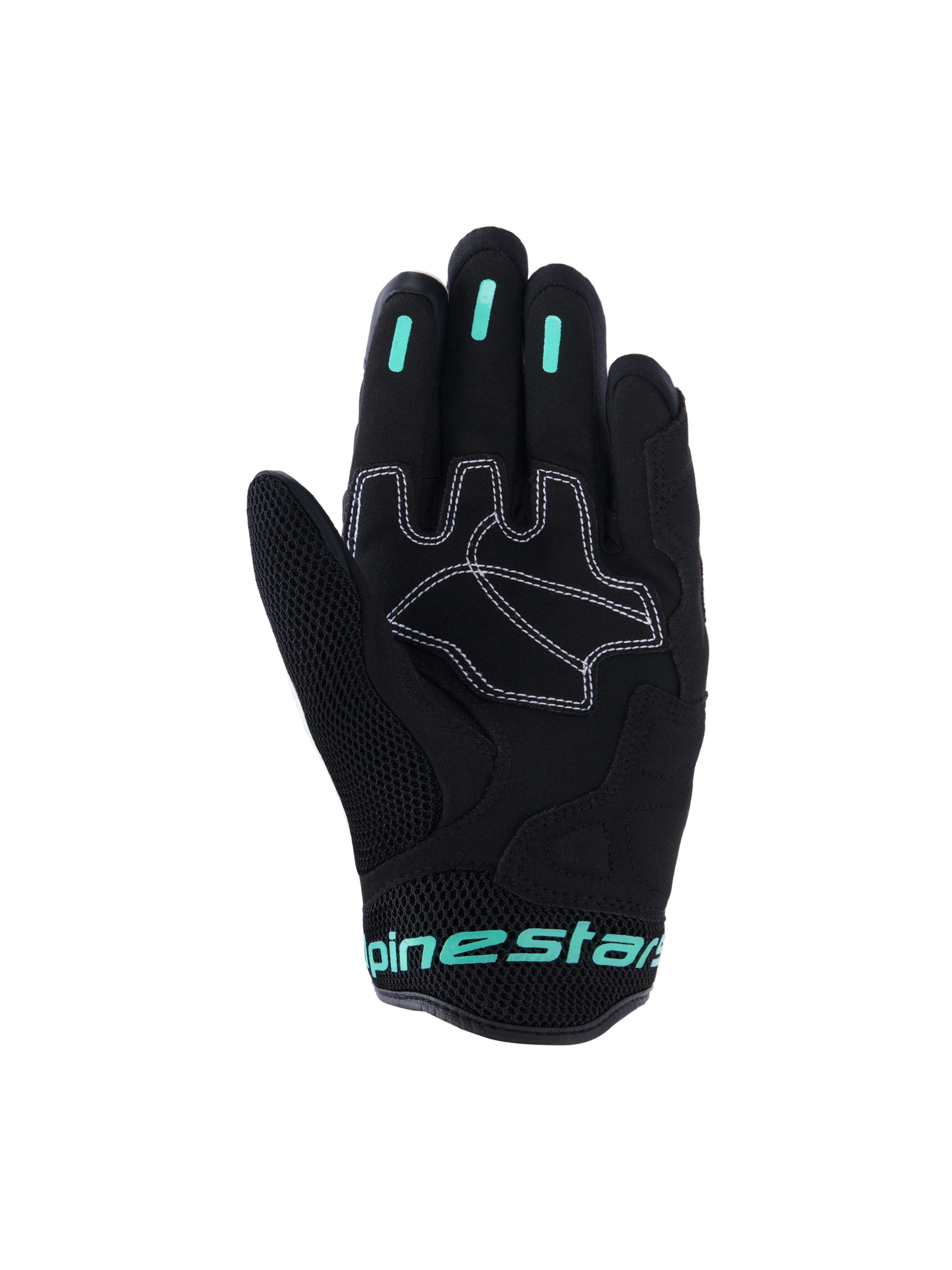 Alpinestars Stella Mogress Airflow Gloves, Women's Urban Motorcycle Gloves, Black with Tropical Teal accents, palm view showing synthetic palm reinforcements with white stitching, mesh thumb area, and silicone grip inserts on fingers.