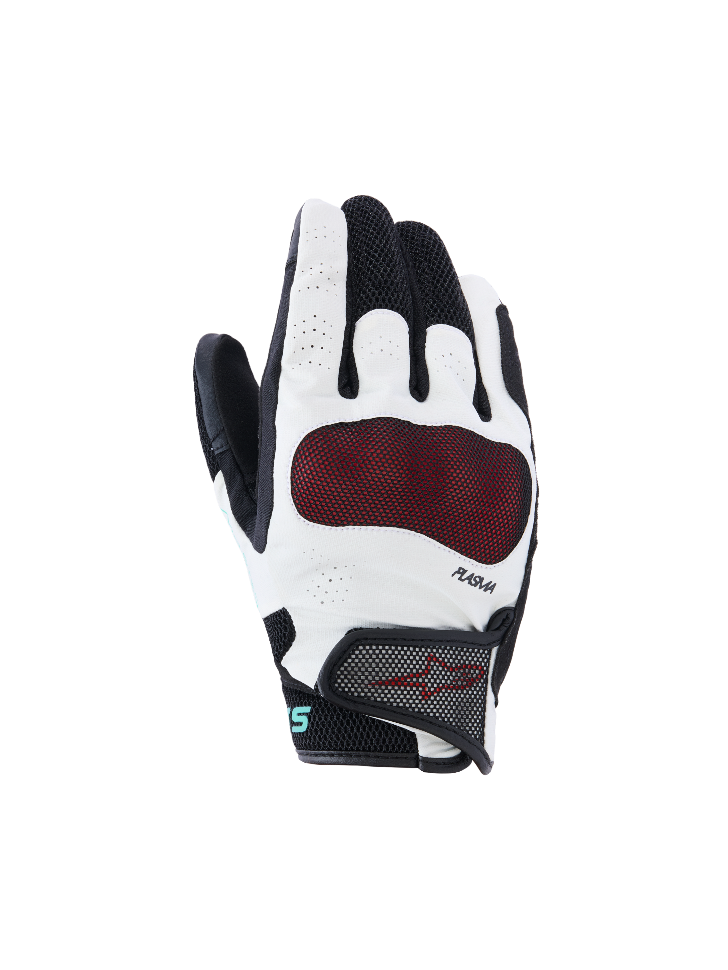 Alpinestars Stella Mogress Airflow handskar, motorcykelhandskar för dam, svarta och vita med rött knogskydd, ventilerande 3D-mesh och perforerad konstruktion, PLASMA-teknologi, urban kördesign med kort manschett