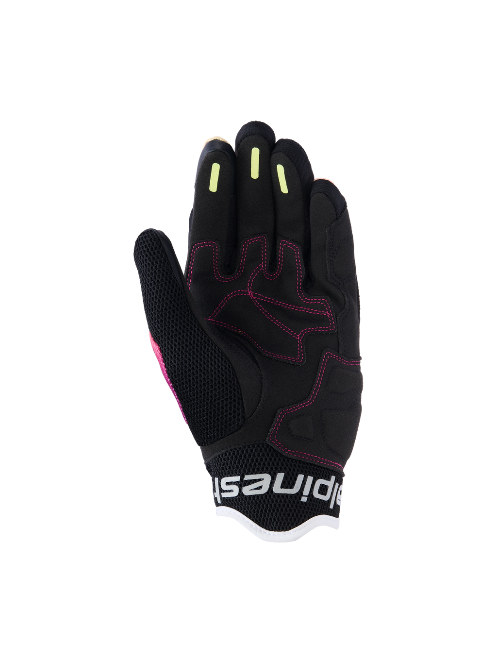 Alpinestars Stella Mogress Airflow-handskar för dam, urbana motorcykelhandskar, Fading Coral Black, detaljerad vy av handflatan med rosa sömmar, gula silikongreppsränder på fingrarna och ventilerande meshkonstruktion