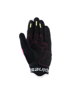 Alpinestars Stella Mogress Airflow-handskar för dam, urbana motorcykelhandskar, Fading Coral Black, detaljerad vy av handflatan med rosa sömmar, gula silikongreppsränder på fingrarna och ventilerande meshkonstruktion
