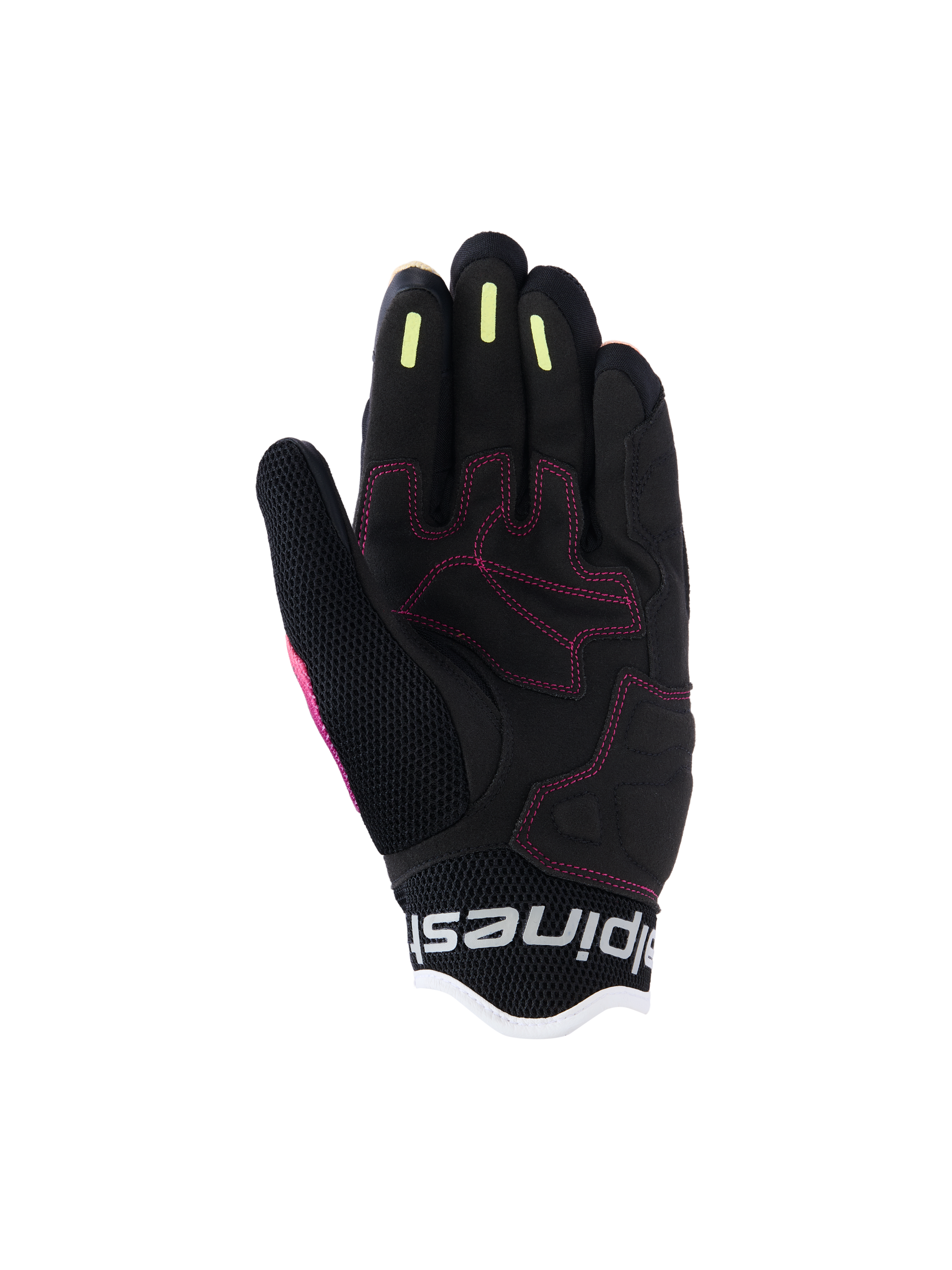 Alpinestars Stella Mogress Airflow-handskar för dam, urbana motorcykelhandskar, Fading Coral Black, detaljerad vy av handflatan med rosa sömmar, gula silikongreppsränder på fingrarna och ventilerande meshkonstruktion