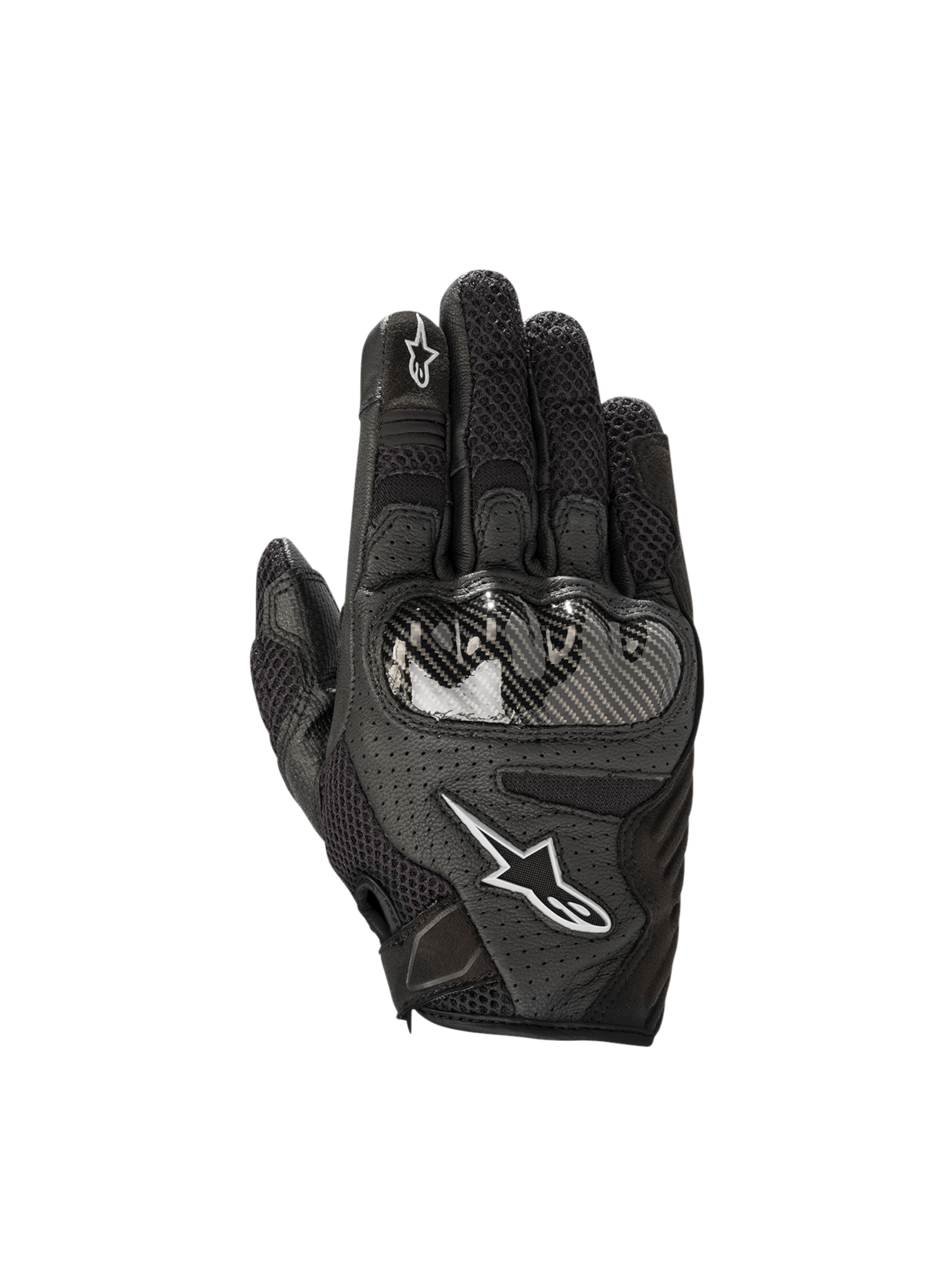 Svarta Alpinestars Stella SMX1-Air V2 motorcykelhandskar för dam med perforerat läder och hårt knogskydd.