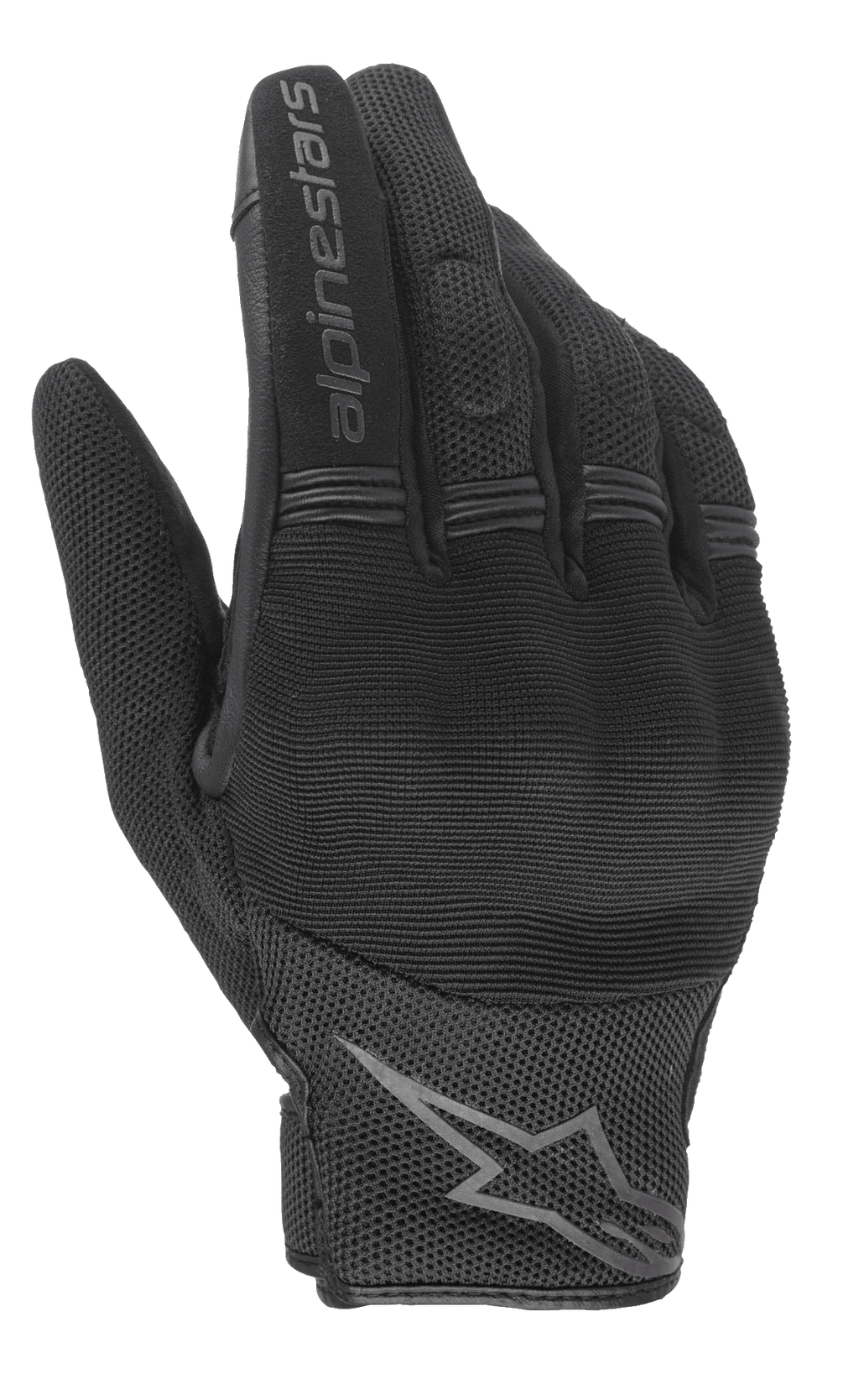 Alpinestars Stella Copper Women's Gloves, Black urban motorcycle gloves, backhand view featuring hard knuckle protection, breathable mesh textile, and Alpinestars branding on the index finger and wrist.