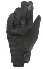 Alpinestars Stella Copper motorcykelhandskar för damer, vy av handflatan, svarta, med hel handflata i syntetmocka, förstärkningslappar, pekskärmskompatibel fingertopp och krok-och-ögla-stängning vid handleden.