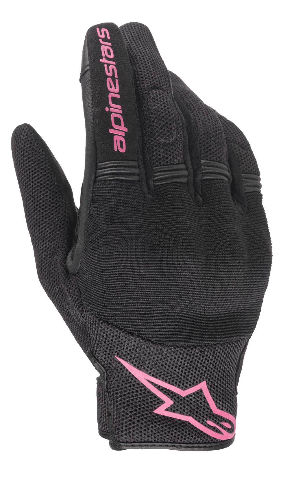Alpinestars Stella Copper handskar, motorcykelhandskar för dam, svarta och fuchsia, rosa Alpinestars-logotyp på handleden och text på fingret, mesh- och textildesign med vadderat knogområde, urban pendlingsutrustning