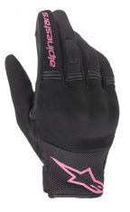 Alpinestars Stella Copper handskar, motorcykelhandskar för dam, svarta och fuchsia, rosa Alpinestars-logotyp på handleden och text på fingret, mesh- och textildesign med vadderat knogområde, urban pendlingsutrustning