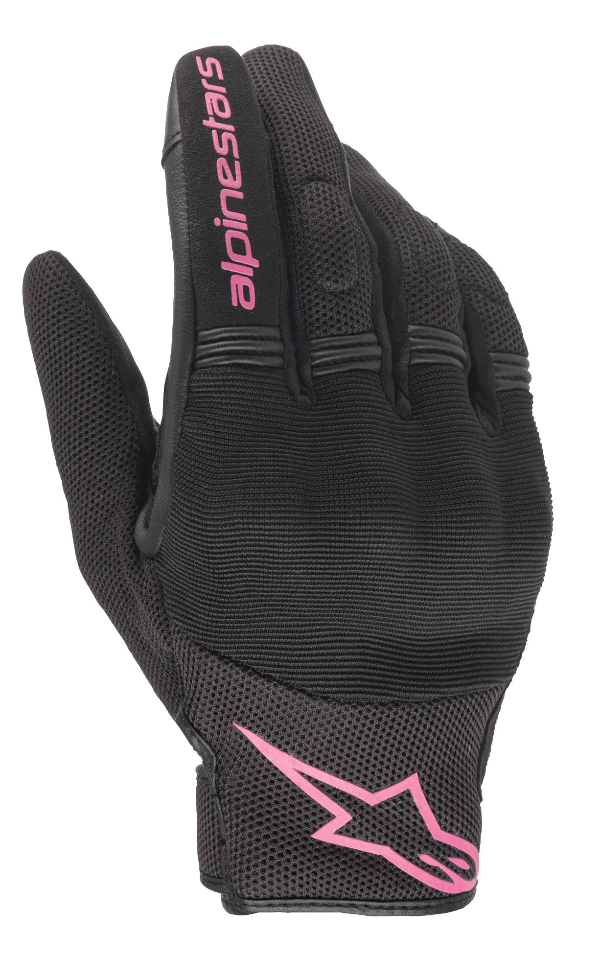 Alpinestars Stella Copper handskar, motorcykelhandskar för dam, svarta och fuchsia, rosa Alpinestars-logotyp på handleden och text på fingret, mesh- och textildesign med vadderat knogområde, urban pendlingsutrustning