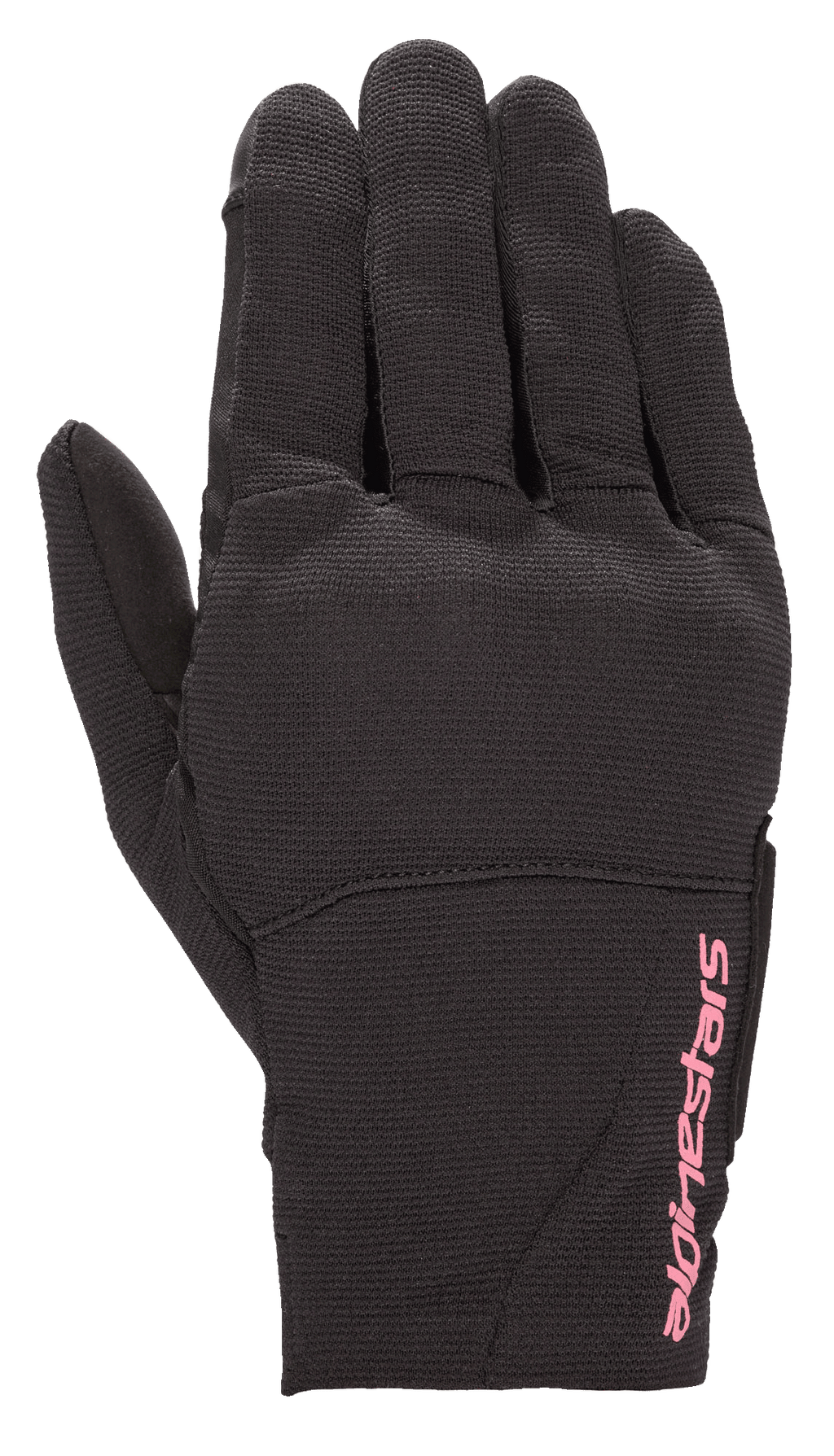 Alpinestars Stella Reef damhandskar, urbana motorcykelhandskar, svarta med fuchsia-rosa logotyp, stretchtygskonstruktion, design med kort krage, texturerat material för stadskörning