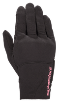 Alpinestars Stella Reef damhandskar, urbana motorcykelhandskar, svarta med fuchsia-rosa logotyp, stretchtygskonstruktion, design med kort krage, texturerat material för stadskörning