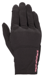 Alpinestars Stella Reef damhandskar, urbana motorcykelhandskar, svarta med fuchsia-rosa logotyp, stretchtygskonstruktion, design med kort krage, texturerat material för stadskörning