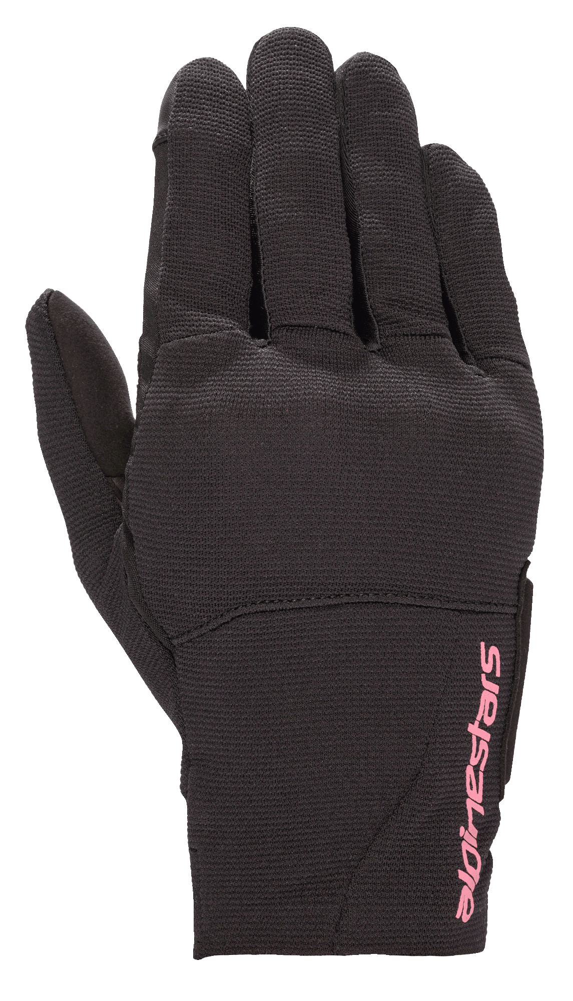 Alpinestars Stella Reef damhandskar, urbana motorcykelhandskar, svarta med fuchsia-rosa logotyp, stretchtygskonstruktion, design med kort krage, texturerat material för stadskörning