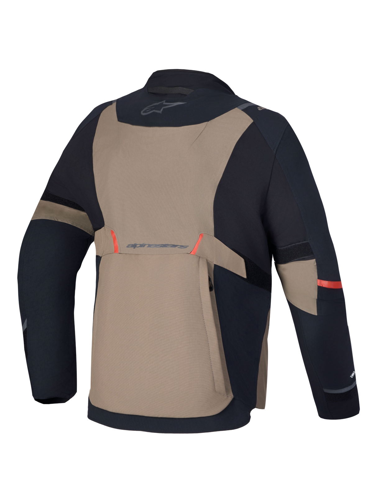 Alpinestars St-7 V2 2L Gore-Tex jacka, äventyrsmotorcykeljacka, svart och brun, bakifrån som visar vattentät laminatkonstruktion och stretchpaneler