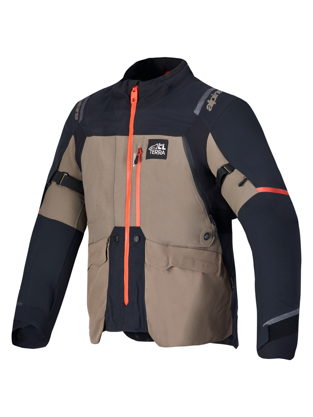 Alpinestars St-7 V2 2L Gore-Tex jacka, adventure touring MC-jacka, valnötsbrun och svart med orange dragkedja, vattentät Gore-Tex-konstruktion, CE-certifierad