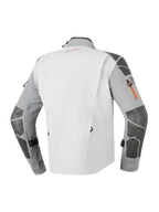 Alpinestars Nazca 3L GORE-TEX PRO-jacka, äventyrsjacka för motorcykel, mörkgrå och mellangrå, vy bakifrån med Superfabric-förstärkningar på ärmar och axlar, orange dragkedjedetaljer och teknisk 3-lagers laminerad konstruktion.