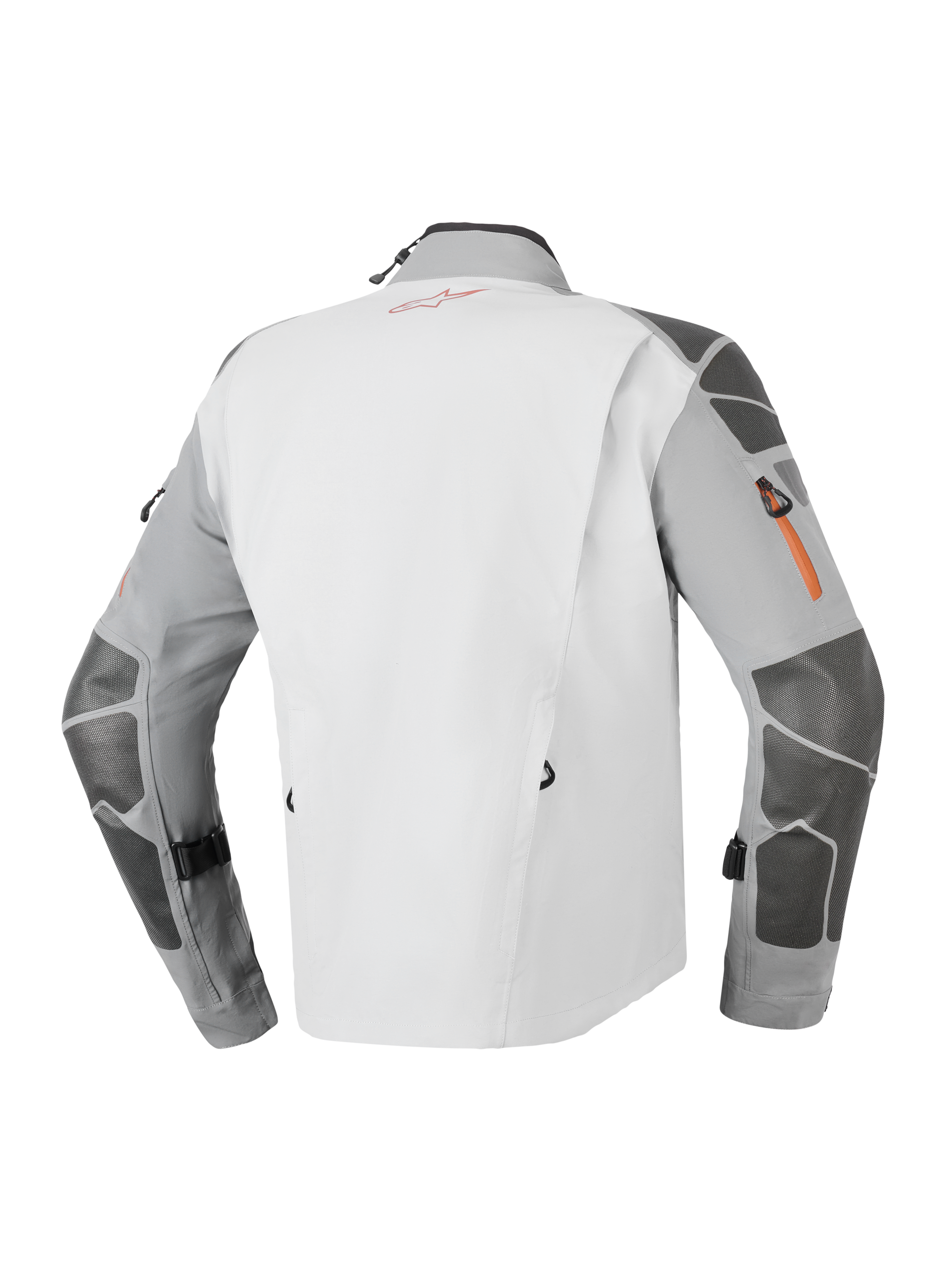 Alpinestars Nazca 3L GORE-TEX PRO-jacka, äventyrsjacka för motorcykel, mörkgrå och mellangrå, vy bakifrån med Superfabric-förstärkningar på ärmar och axlar, orange dragkedjedetaljer och teknisk 3-lagers laminerad konstruktion.