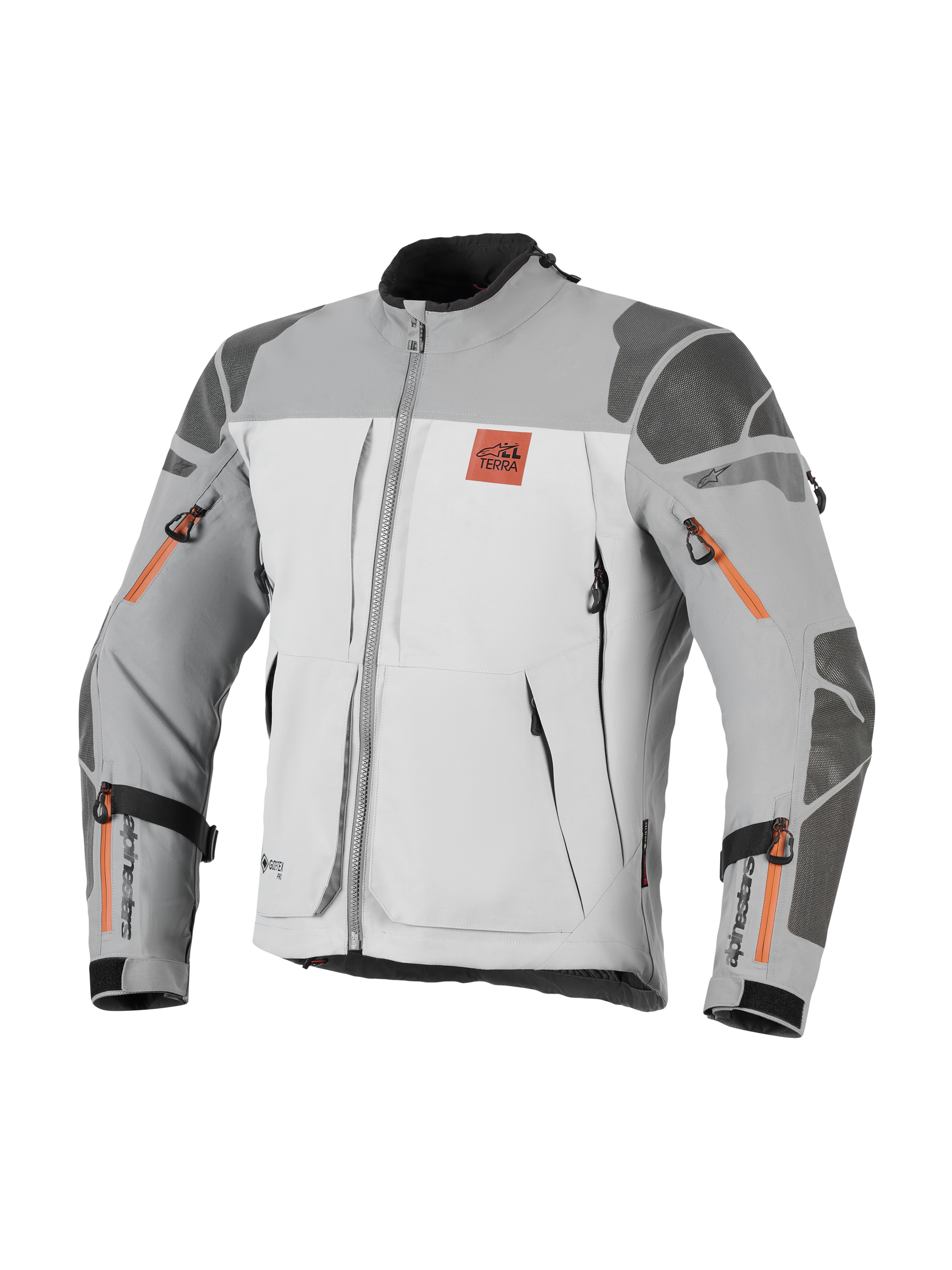 Alpinestars Nazca 3L GORE-TEX PRO-jacka, motorcykeljacka för äventyr, mörkgrå och mellangrå med orangea dragkedjedetaljer, All Terra-logotyp på bröstet, Superfabric-förstärkningar på axlar och armbågar, flera ventilationsöppningar med dragkedja, robust touringdesign