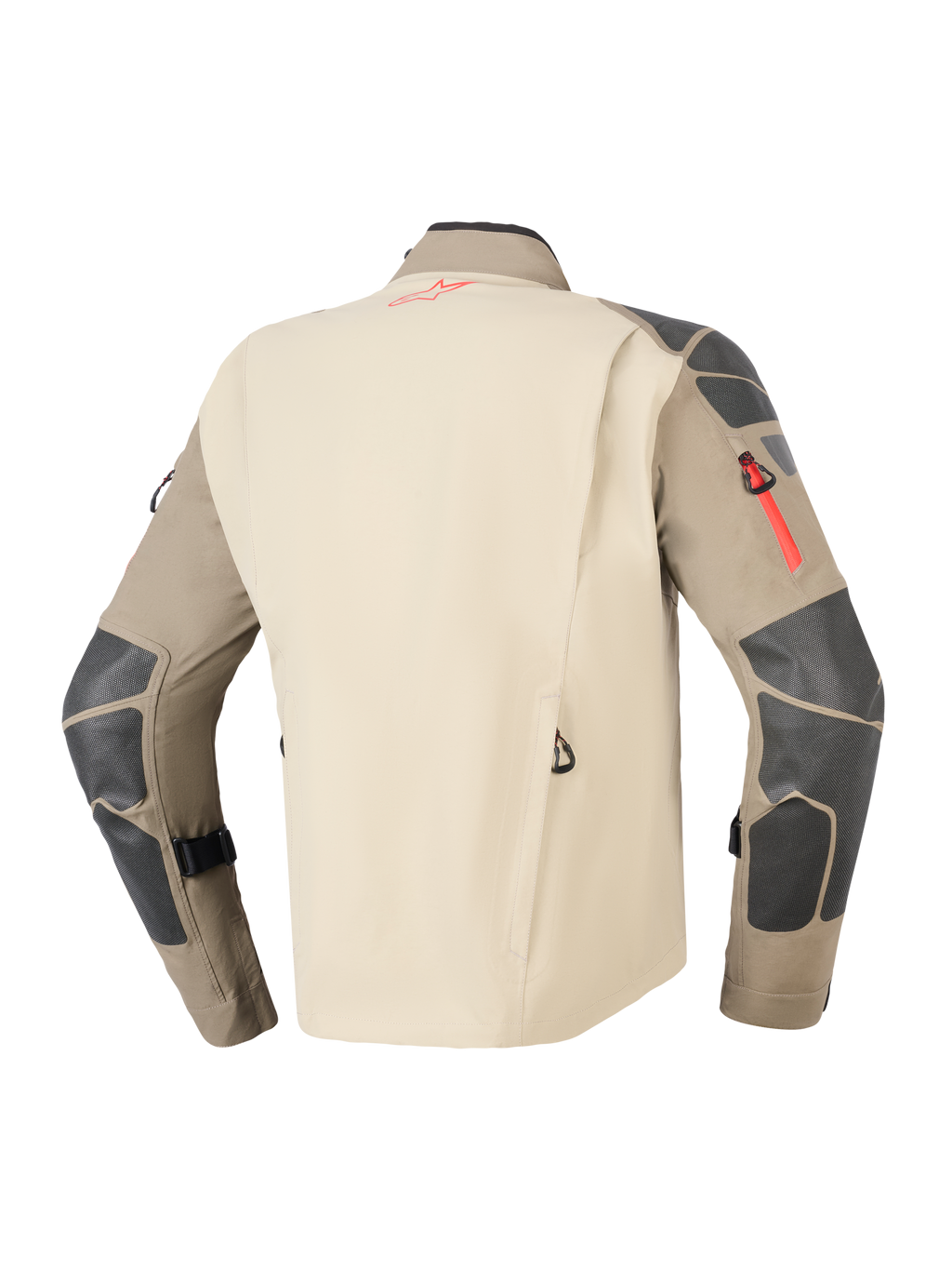 Alpinestars Nazca 3L GORE-TEX PRO Jacka, Walnut Rock Brown, sedd bakifrån med beige ryggpanel och bruna ärmar, mörkgrå förstärkningar på axlar och armbågar, röda detaljer på dragkedja och logotyp, hållbar motorcykelutrustning för äventyr och touring