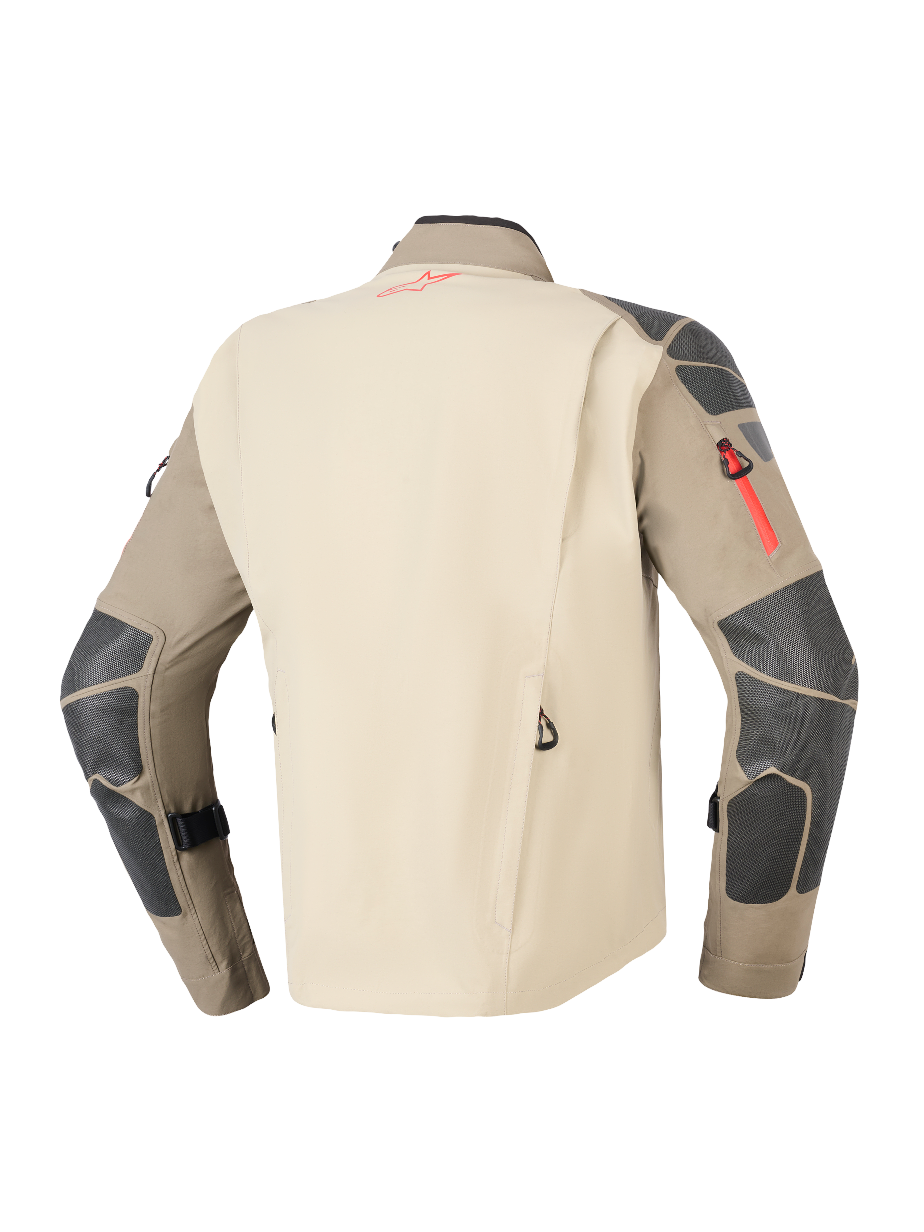 Alpinestars Nazca 3L GORE-TEX PRO Jacka, Walnut Rock Brown, sedd bakifrån med beige ryggpanel och bruna ärmar, mörkgrå förstärkningar på axlar och armbågar, röda detaljer på dragkedja och logotyp, hållbar motorcykelutrustning för äventyr och touring