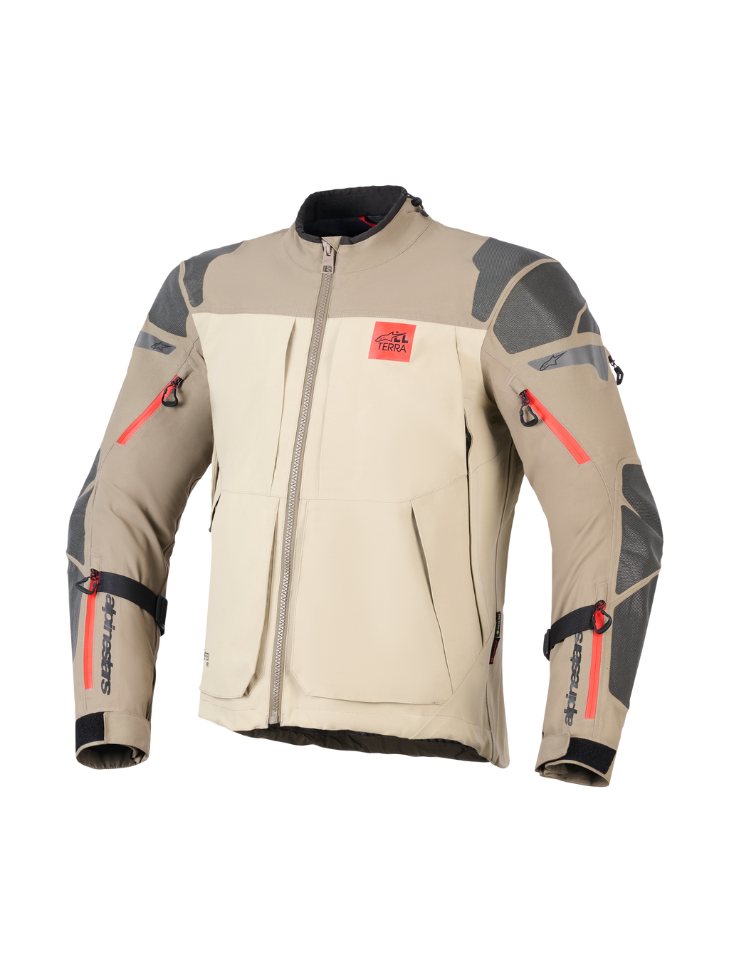 Alpinestars Nazca 3L GORE-TEX PRO Jacket, Walnut Rock Brown, äventyrsmotorcykeljacka, färgblockering i beige och ljusbrunt, grå texturerade förstärkningar på axlar och armbågar, klaröda dragkedjedetaljer, röd 'ALL TERRA'-logotyp på bröstet, svart Alpinestars-branding på underarmarna, slitstark textilkonstruktion
