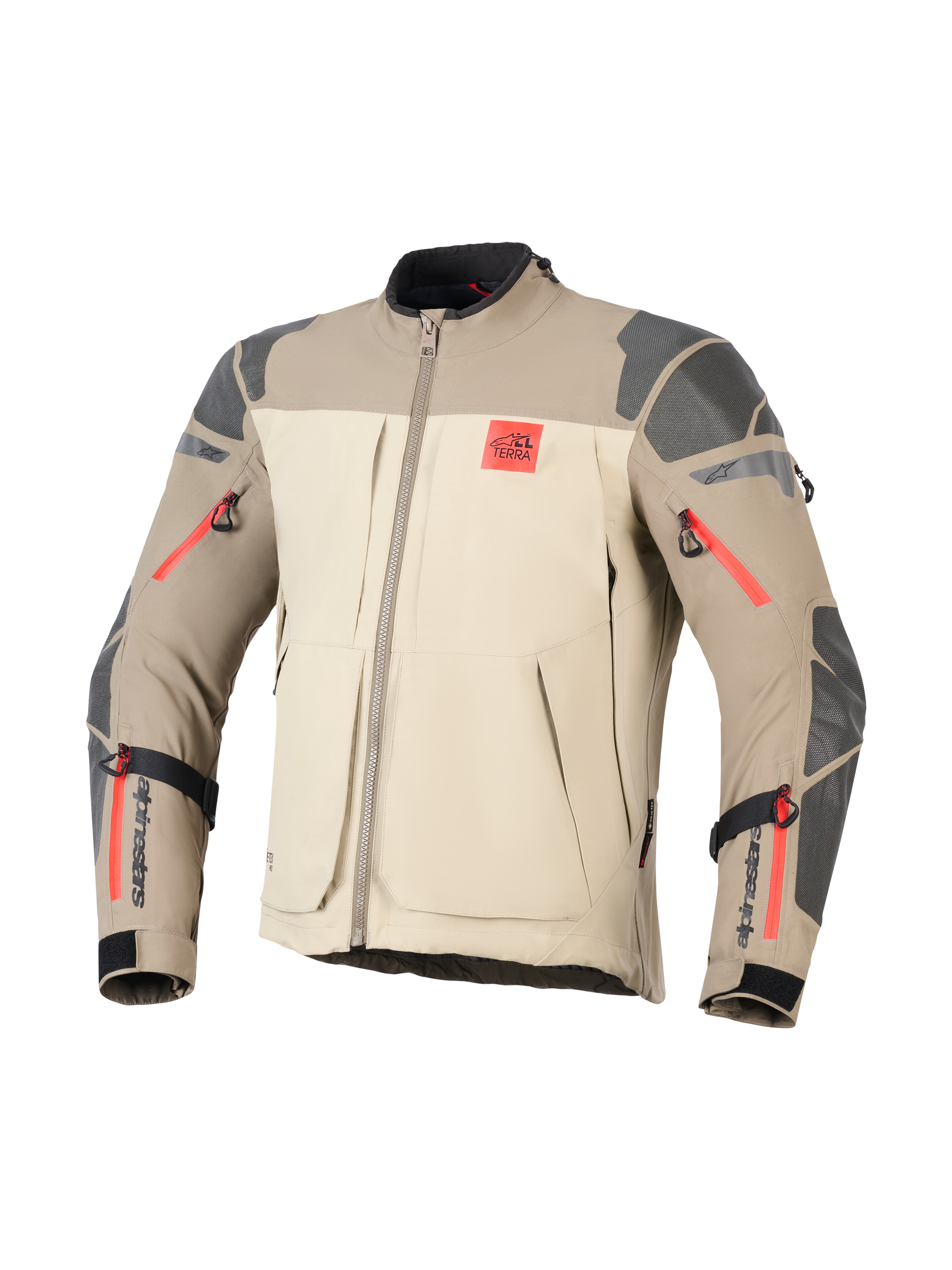 Alpinestars Nazca 3L GORE-TEX PRO Jacket, Walnut Rock Brown, äventyrsmotorcykeljacka, färgblockering i beige och ljusbrunt, grå texturerade förstärkningar på axlar och armbågar, klaröda dragkedjedetaljer, röd 'ALL TERRA'-logotyp på bröstet, svart Alpinestars-branding på underarmarna, slitstark textilkonstruktion