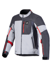 Alpinestars Arenis Gore-Tex Jacket, Mid Gray and Deep Gray adventure motorcycle jacket with red zipper accents and waterproof GORE-TEX construction, CE certified