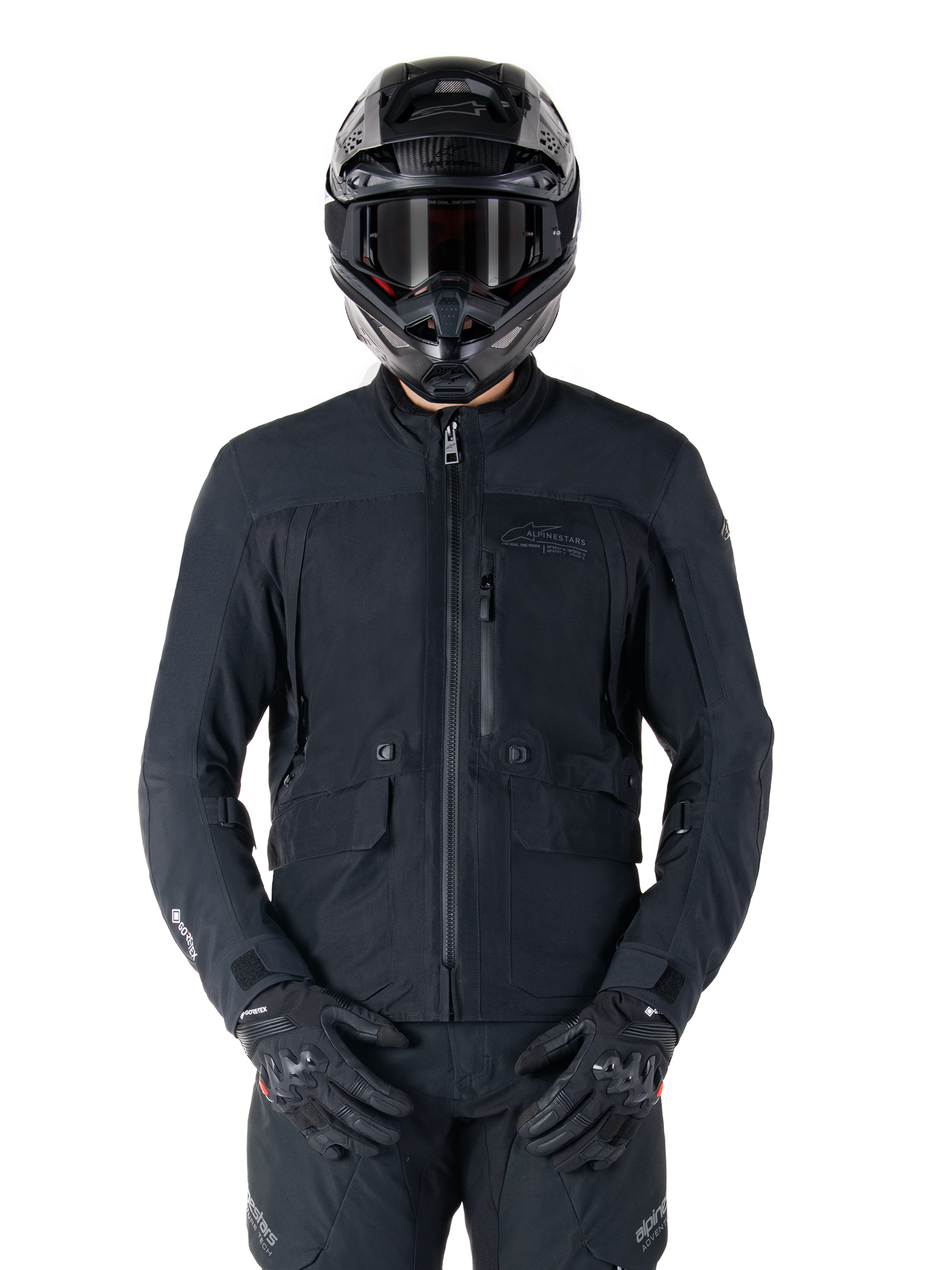 Alpinestars St-7 Prime GORE-TEX-jacka, svart motorcykeljacka för touring, vattentät och andningsbar, dragkedja framtill, flera fickor, bärs med matchande hjälm och handskar, förstklassigt skydd för körning i alla väder