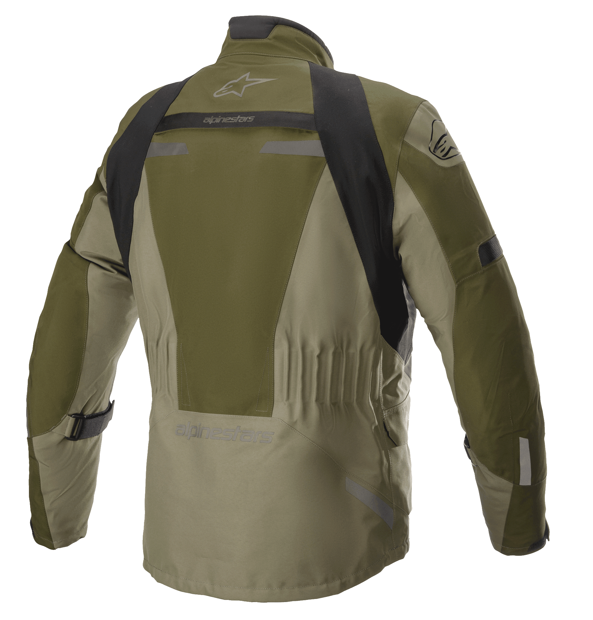 Alpinestars Altamira GORE-TEX-jacka, Forest Military Green, baksida av teknisk touringjacka för motorcykel med svarta axelpaneler, elastisk midja och Alpinestars-branding, med reflekterande detaljer och hållbar textilkonstruktion.