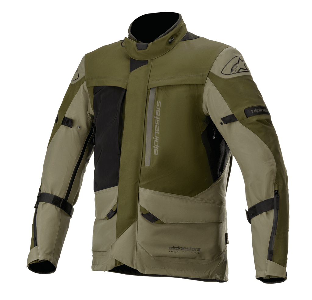 Alpinestars Altamira GORE-TEX jacka, motorcykeljacka för touring, skogsgrön och olivgrön med svarta detaljer, flera praktiska fickor och dragkedjor fram, justerbara remmar på ärmarna, hög krage, vattentät teknisk konstruktion för äventyrskörning