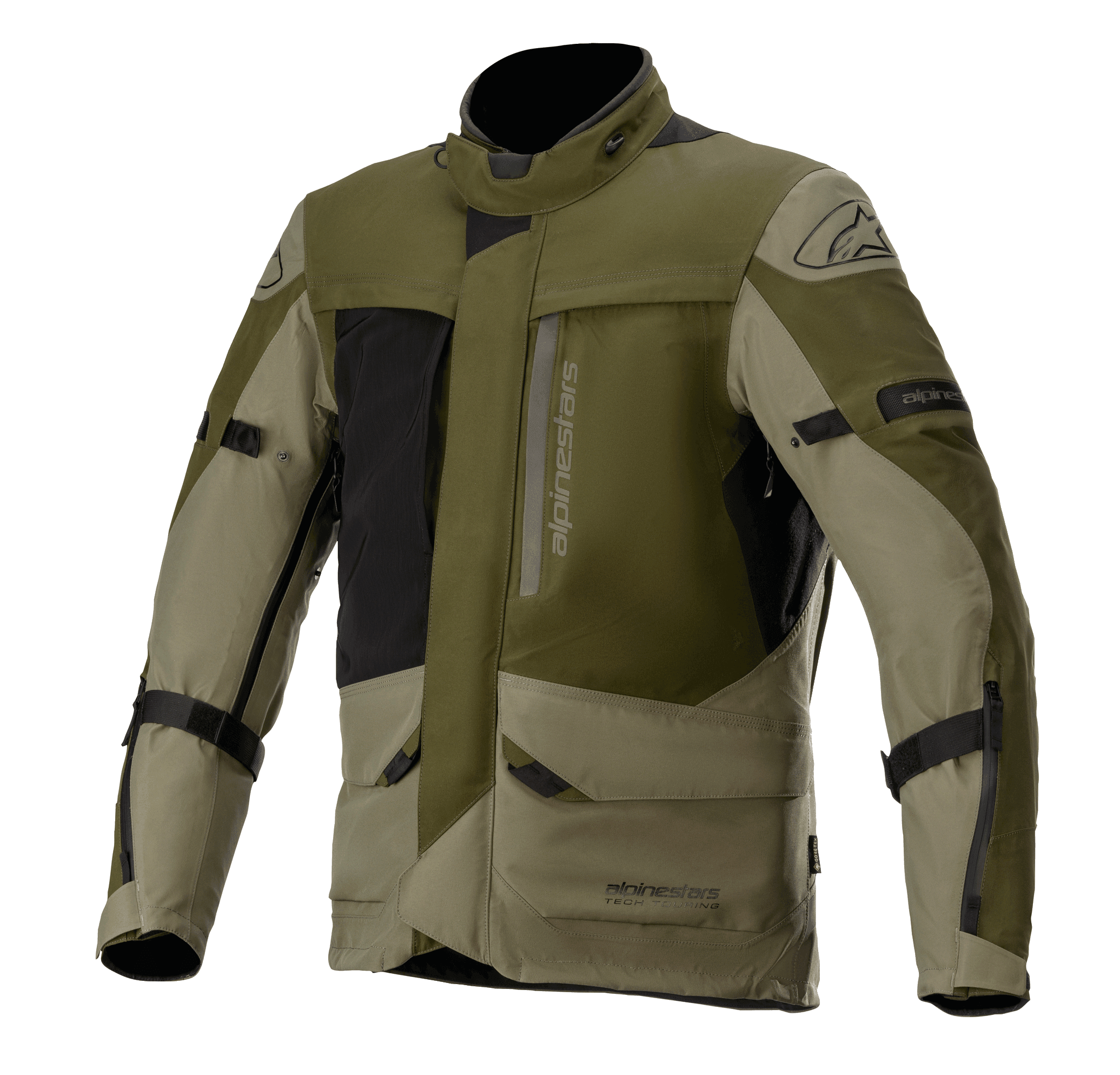 Alpinestars Altamira GORE-TEX jacka, motorcykeljacka för touring, skogsgrön och olivgrön med svarta detaljer, flera praktiska fickor och dragkedjor fram, justerbara remmar på ärmarna, hög krage, vattentät teknisk konstruktion för äventyrskörning