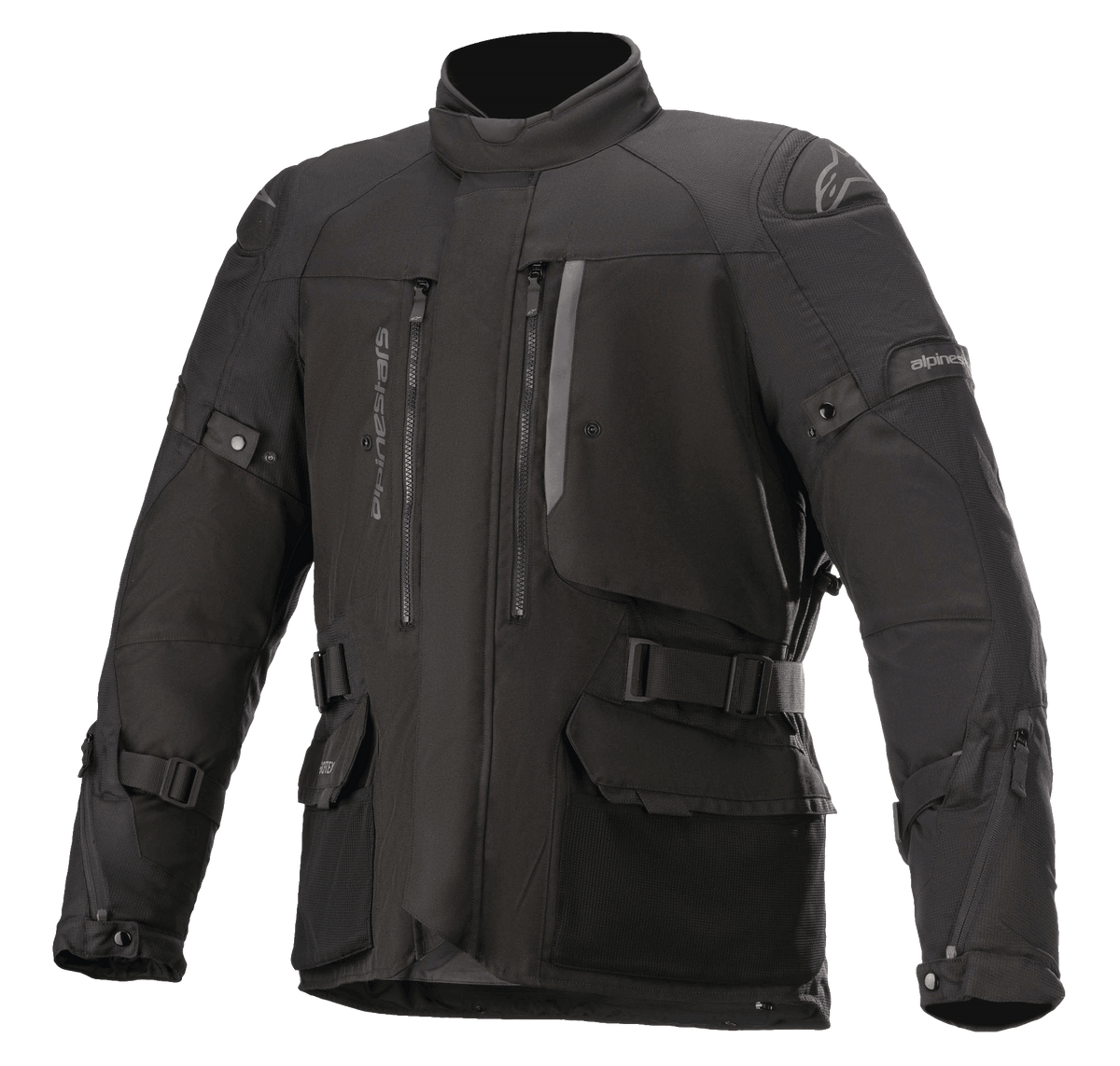 Alpinestars Ketchum GORE-TEX Jacket, Black motorcycle touring jacket, featuring a high collar, multiple zippered vents and large cargo pockets, adjustable straps on sleeves and waist, reinforced shoulder panels, and durable textile construction for adventure riding