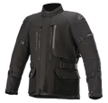 Alpinestars Ketchum GORE-TEX Jacket, Black motorcycle touring jacket, featuring a high collar, multiple zippered vents and large cargo pockets, adjustable straps on sleeves and waist, reinforced shoulder panels, and durable textile construction for adventure riding