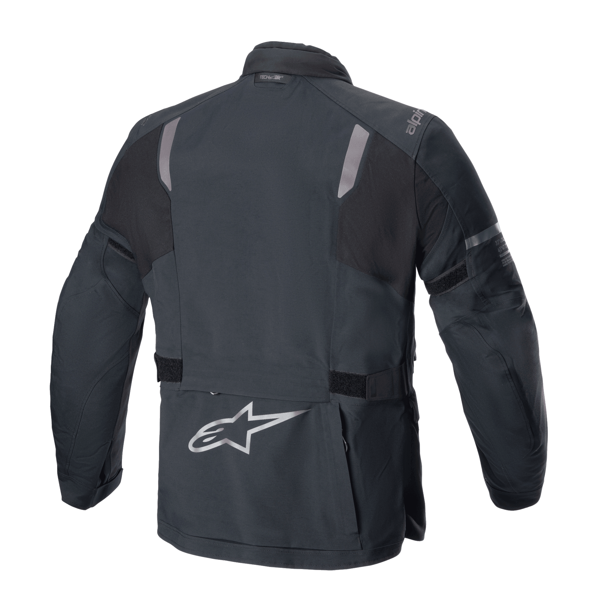 Alpinestars ST-7 2L GORE-TEX-jacka, baksida, svart och mörkgrå, med reflekterande axelpaneler, silverfärgad Alpinestars-stjärnlogotyp på nedre delen av ryggen och justerbara midjeremmar, motorcykelutrustning för äventyrstouring