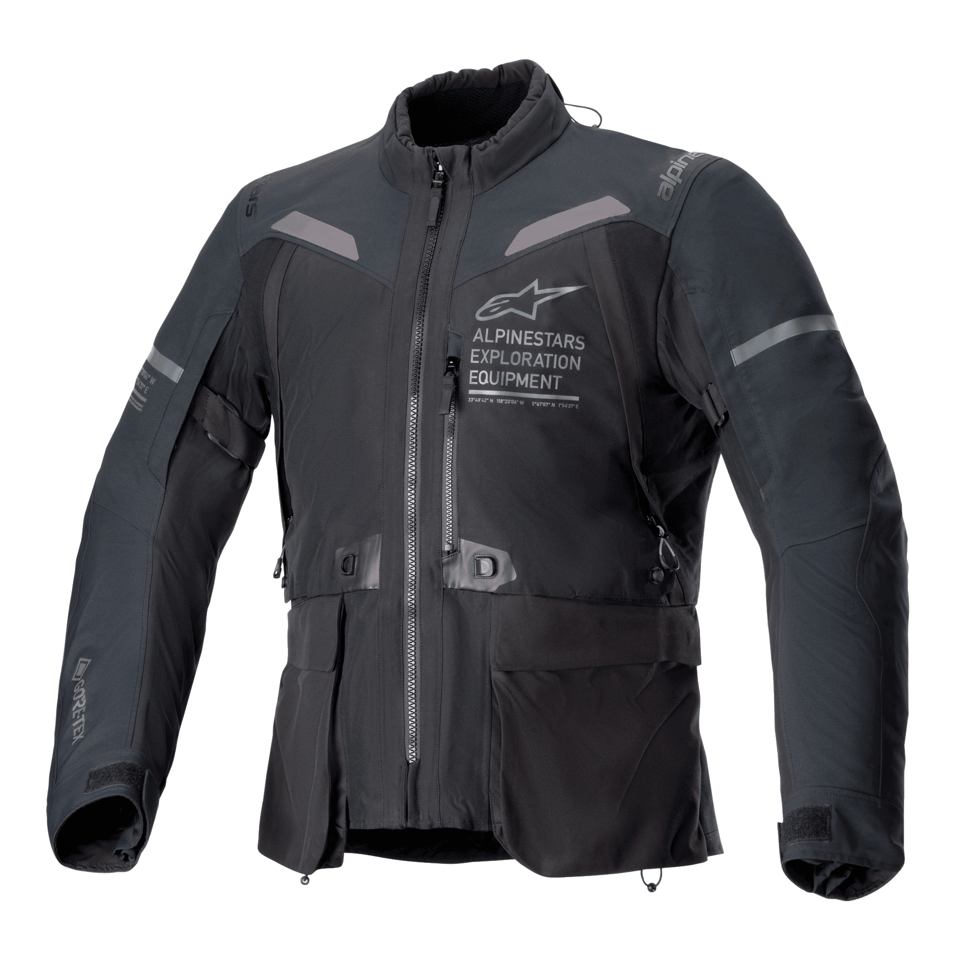 Alpinestars ST-7 2L GORE-TEX-jacka, svart och mörkgrå motorcykeljacka, vy framifrån med stora lastfickor, reflekterande detaljer på axlarna och Alpinestars Exploration Equipment-logotyp på bröstet, vattentät utrustning för äventyrstouring