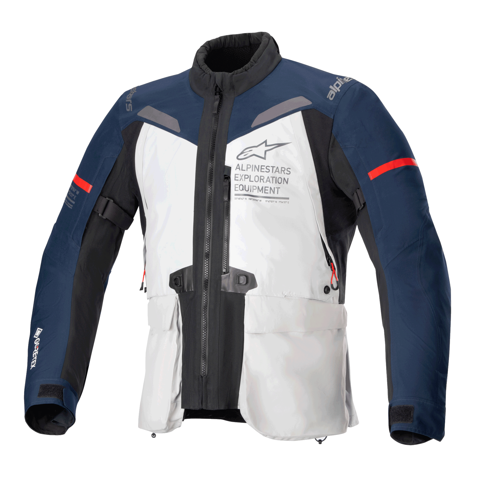 Alpinestars ST-7 2L GORE-TEX jacka, äventyrstouring-motorcykeljacka, isgrå, mörkblå och svart, vattentät GORE-TEX-laminatkonstruktion, CE-certifierad