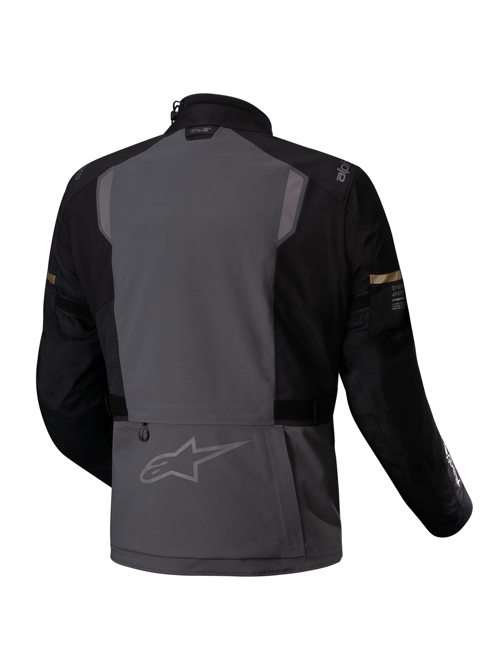 Alpinestars ST-7 2L GORE-TEX jacka, vattentät äventyrs-MC-jacka, baksida som visar mörkgrå och svart färg med reflexdetaljer