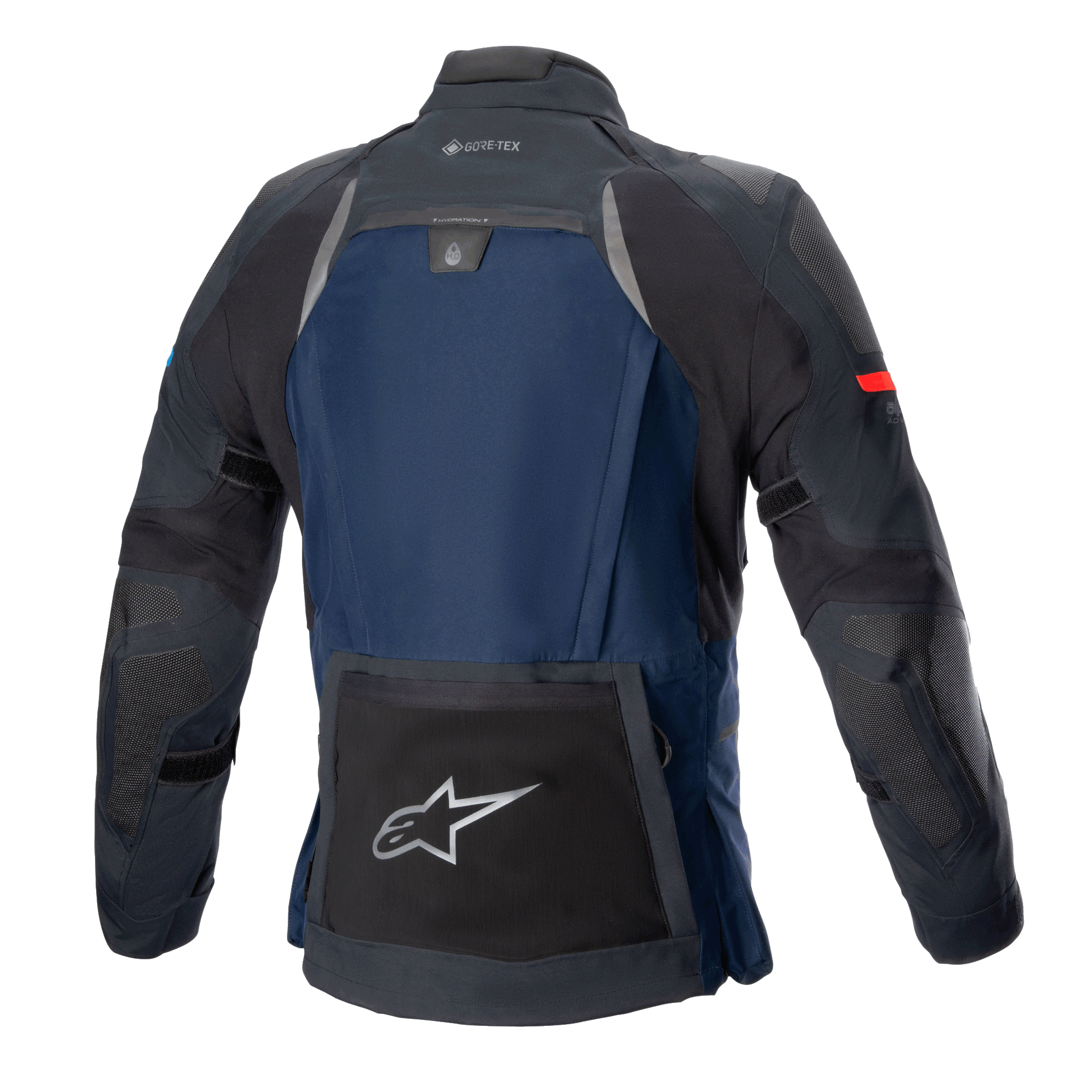 Alpinestars Boulder GORE-TEX-jacka, teknisk touring-motorcykeljacka, mörkblå och svart, vy bakifrån med en stor bakre förvaringsficka med silverstjärnlogotyp, vätskefack och GORE-TEX-märkning på kragen.