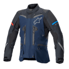 Alpinestars Boulder GORE-TEX jacka, mörkblå och svart äventyrstouringjacka, vattentät textilkonstruktion, vit stjärnlogotyp på bröstet, röda och ljusblå detaljer på ärmarna, flera ventilationsdragkedjor och justeringsremmar, slitstark teknisk utrustning för körning i alla väder