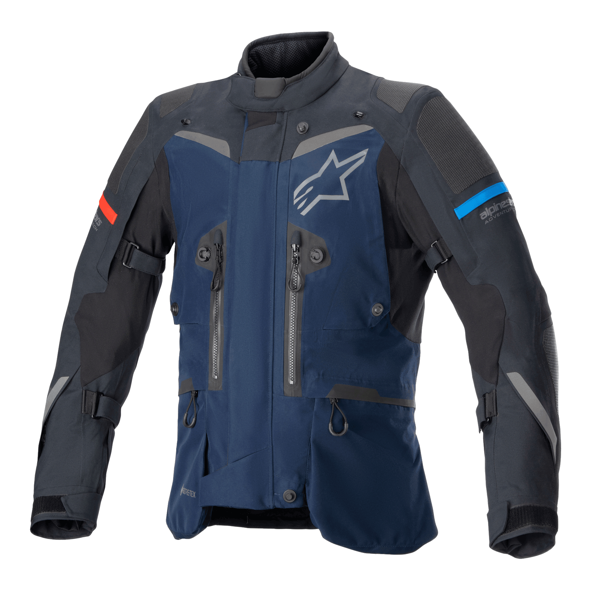 Alpinestars Boulder GORE-TEX jacka, mörkblå och svart äventyrstouringjacka, vattentät textilkonstruktion, vit stjärnlogotyp på bröstet, röda och ljusblå detaljer på ärmarna, flera ventilationsdragkedjor och justeringsremmar, slitstark teknisk utrustning för körning i alla väder