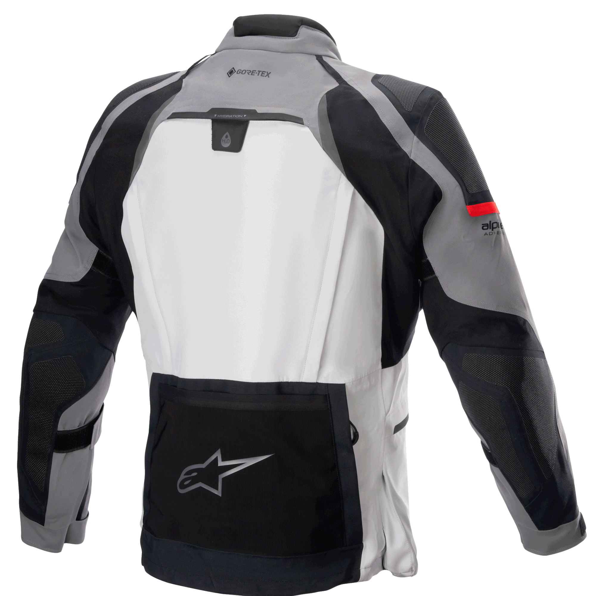 Alpinestars Boulder GORE-TEX Jacket, Rear View, Dark Gray and Ice Gray, technical adventure touring motorcycle jacket with large light gray back panel, black lower utility pocket featuring the Alpinestars star logo, GORE-TEX branding on the upper back, and durable multi-fabric construction.