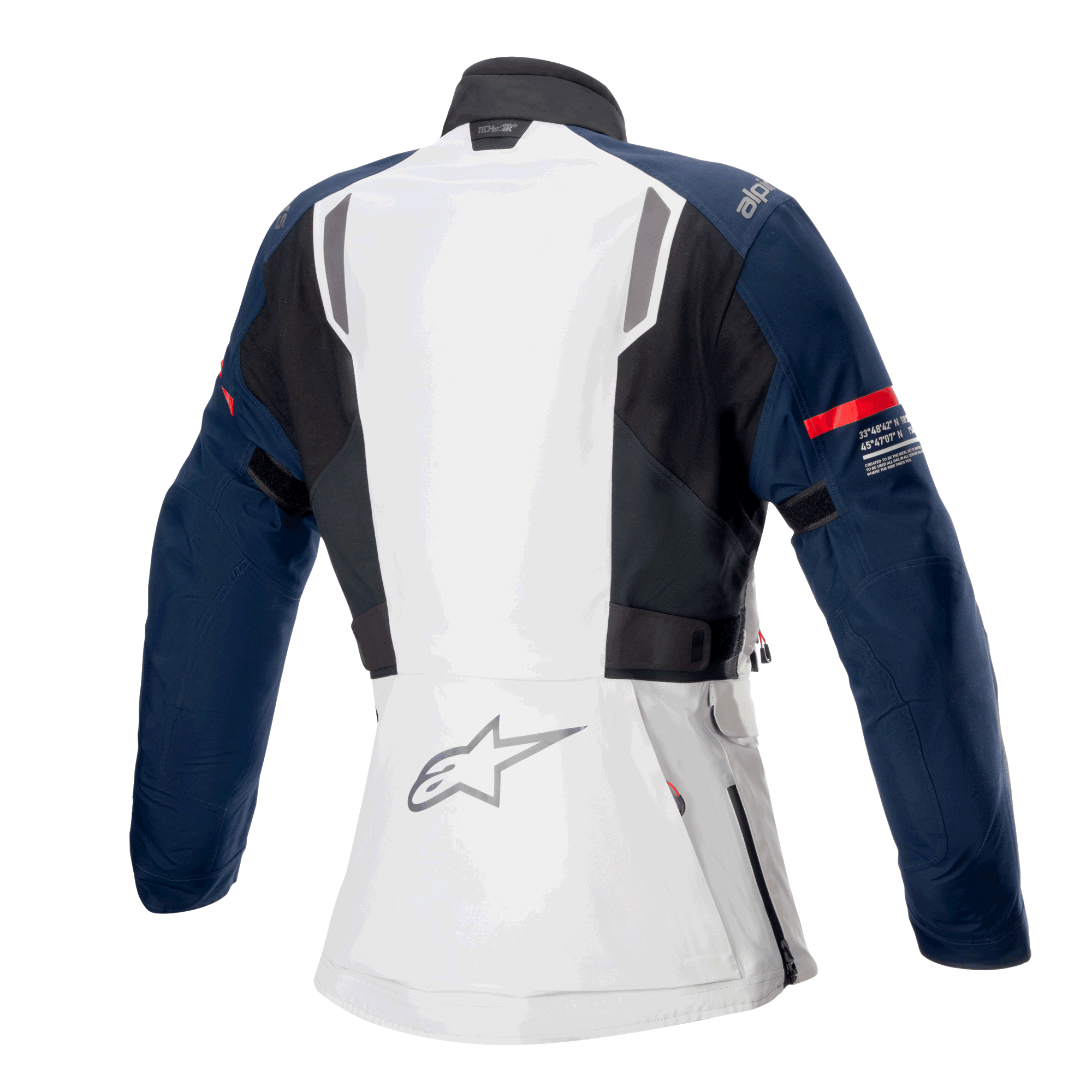 Alpinestars Stella ST-7 2L GORE-TEX damjacka, baksida, isgrå, mörkblå och svart, med röd rand på ärmen och Alpinestars-logotyp, motorcykelutrustning för äventyrstouring