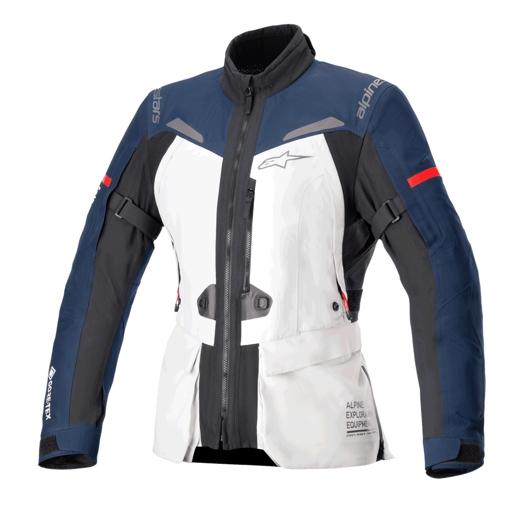 Alpinestars Stella ST-7 2L GORE-TEX-jacka för dam, motorcykeljacka för touring, isgrå, mörkblå och svart med röda detaljer, med främre cargofickor, justerbara remmar på armarna, hög krage och laminerad vattentät konstruktion för äventyrstouring
