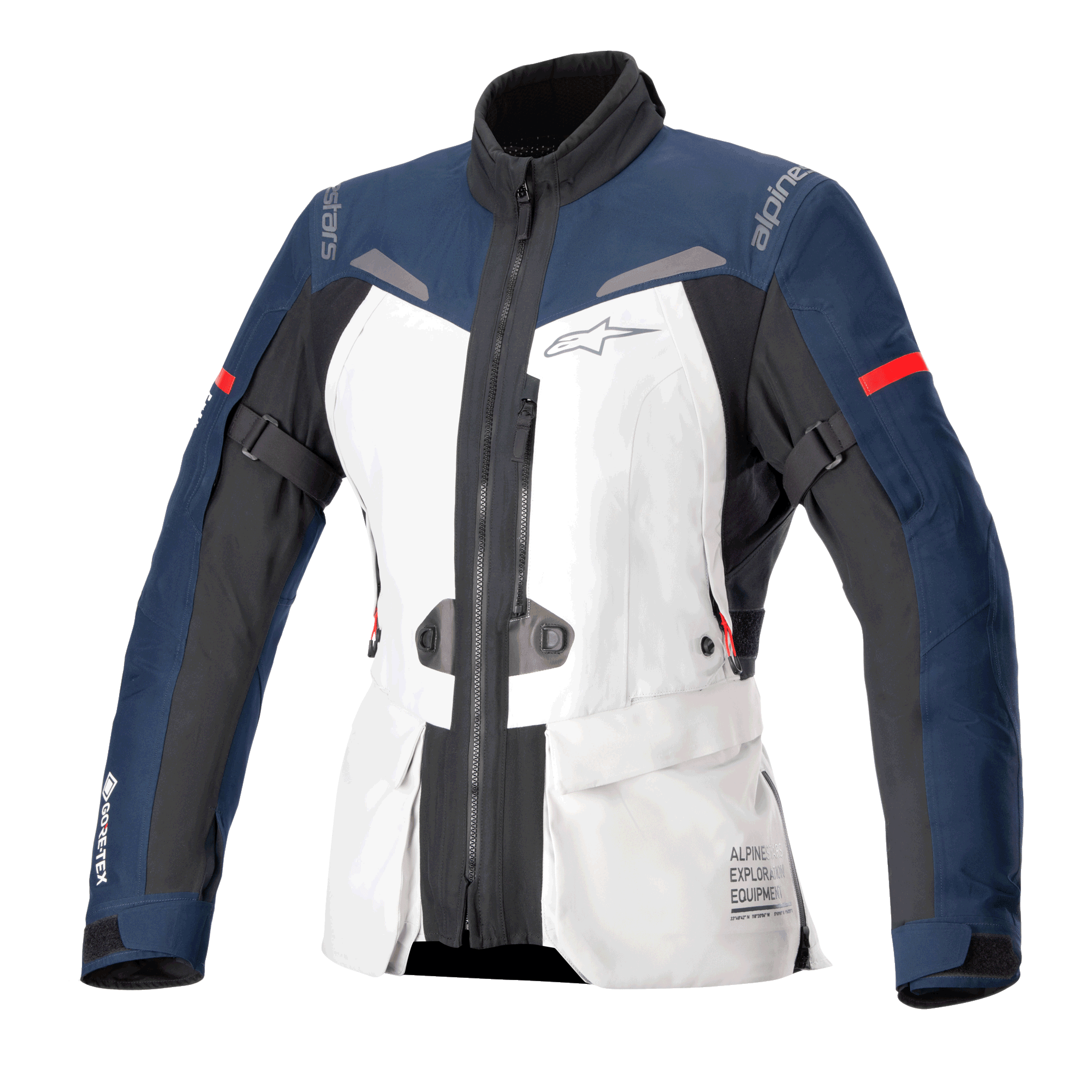Alpinestars Stella ST-7 2L GORE-TEX-jacka för dam, motorcykeljacka för touring, isgrå, mörkblå och svart med röda detaljer, med främre cargofickor, justerbara remmar på armarna, hög krage och laminerad vattentät konstruktion för äventyrstouring