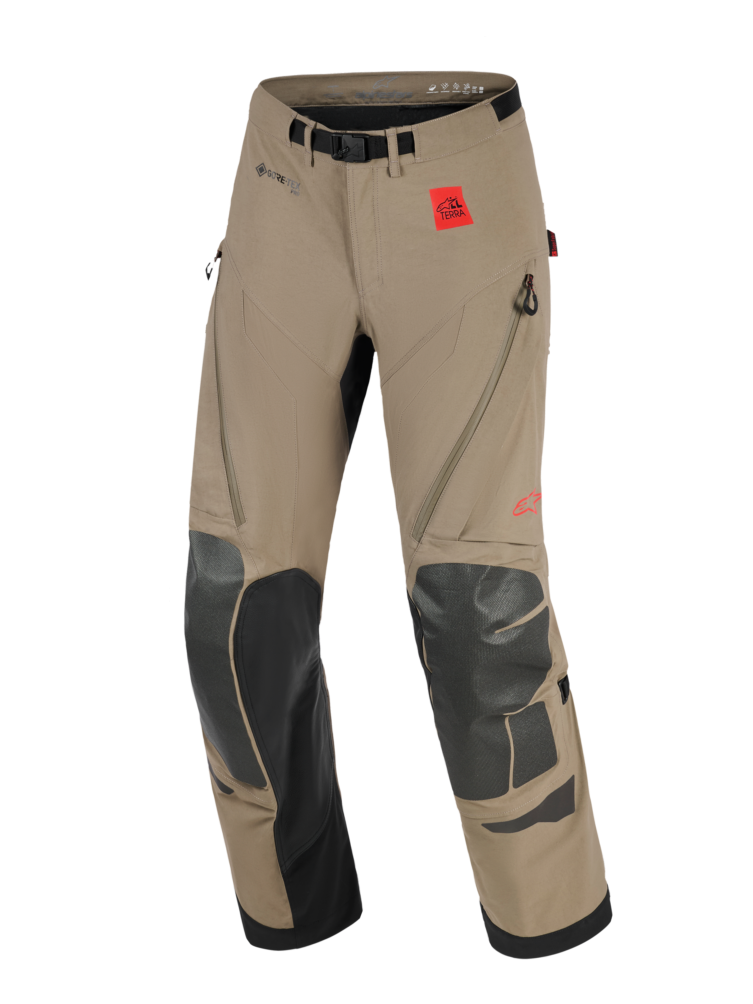 Alpinestars Nazca 3L GORE-TEX PRO byxor, äventyrsmotorcykelbyxor, valnöt och svart, med ett rött All Terra-logotypmärke, GORE-TEX PRO-märkning, svarta Superfabric-förstärkningar på knän och skenben, lårventilation med dragkedja och ett integrerat bälte med magnetiskt spänne.