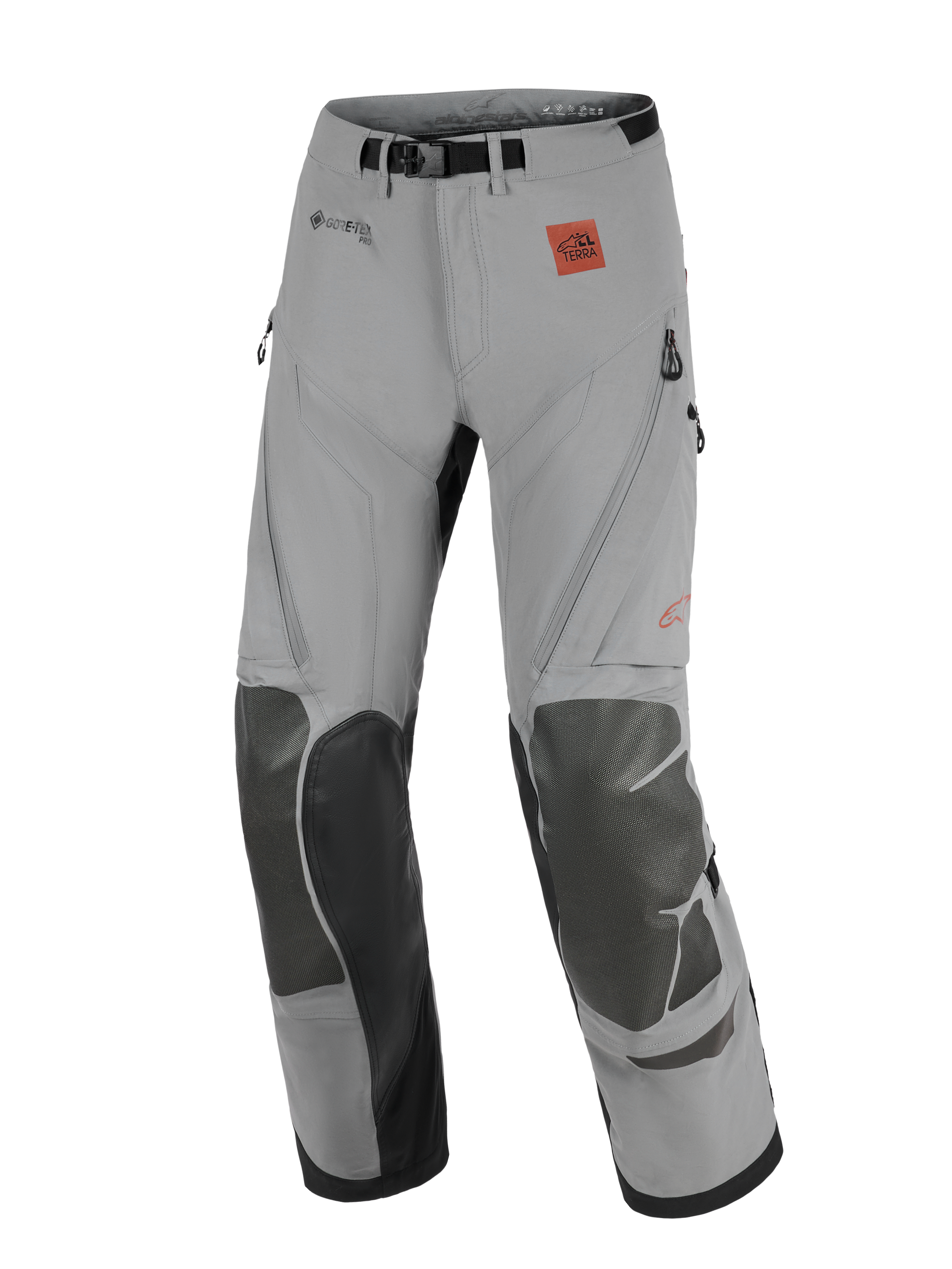 Alpinestars Nazca 3L GORE-TEX PRO-byxor, äventyrsmotorcykelbyxor, mörkgrå och svarta, med förstärkta knäpaneler, GORE-TEX PRO-logotyp och All Terra-logotyp, teknisk design för terrängkörning och touring
