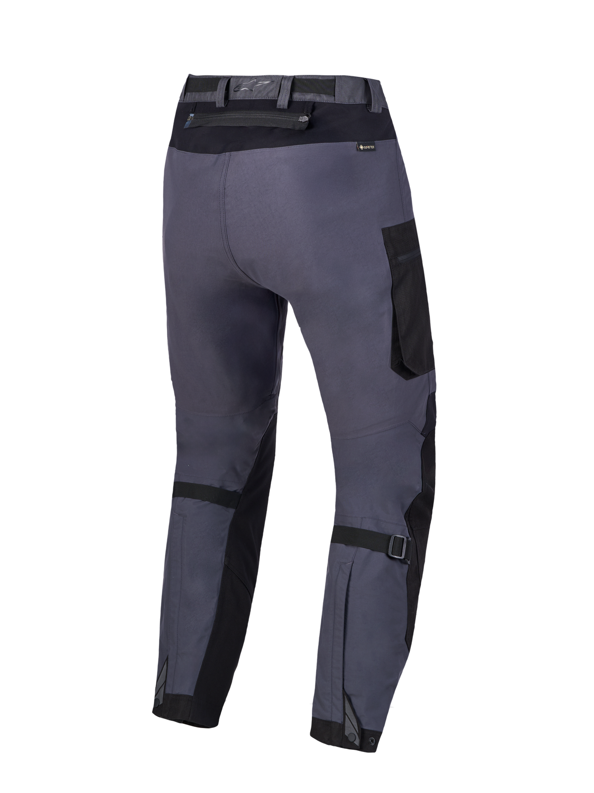 Alpinestars Arenis Gore-Tex Pants, Adventure Motorcycle Pants, Black Deep Gray, rear view featuring GORE-TEX waterproof construction, cargo pocket, and adjustable lower-leg straps