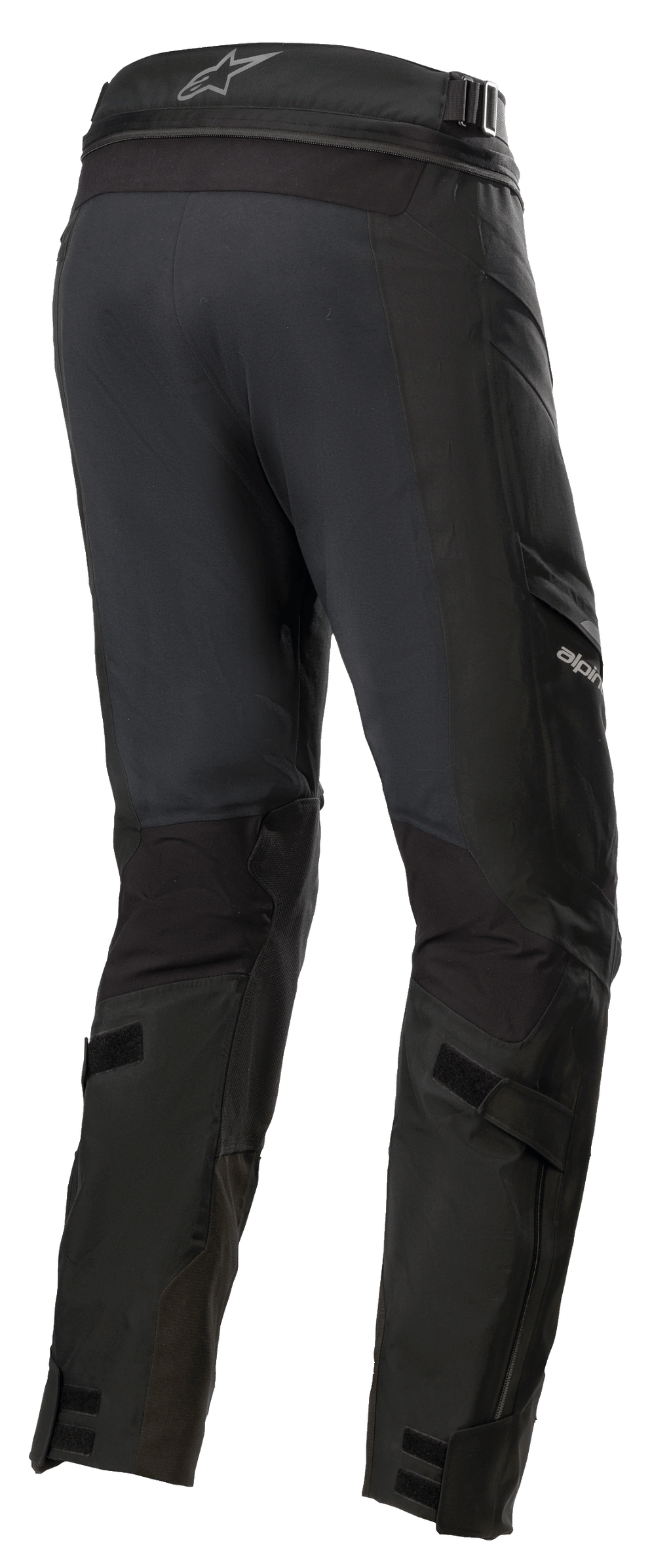 Alpinestars Road Tech GORE-TEX Pants Short, Black, rear 3/4 view featuring waist connection zipper, adjustable calf straps, and ballistic nylon reinforcements, waterproof adventure touring gear